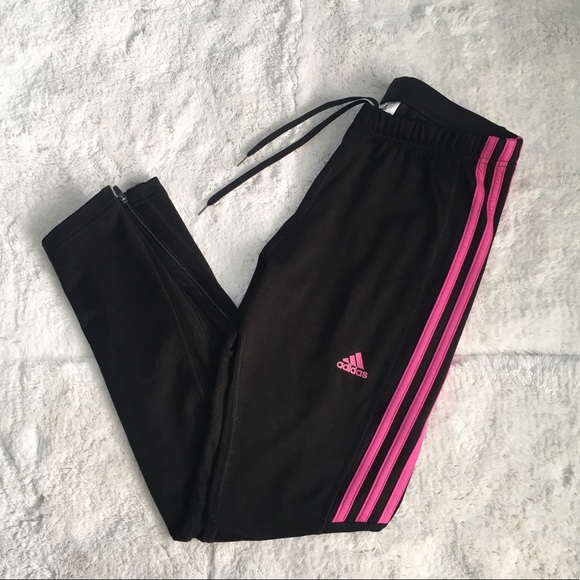 black adidas leggings with pink stripes